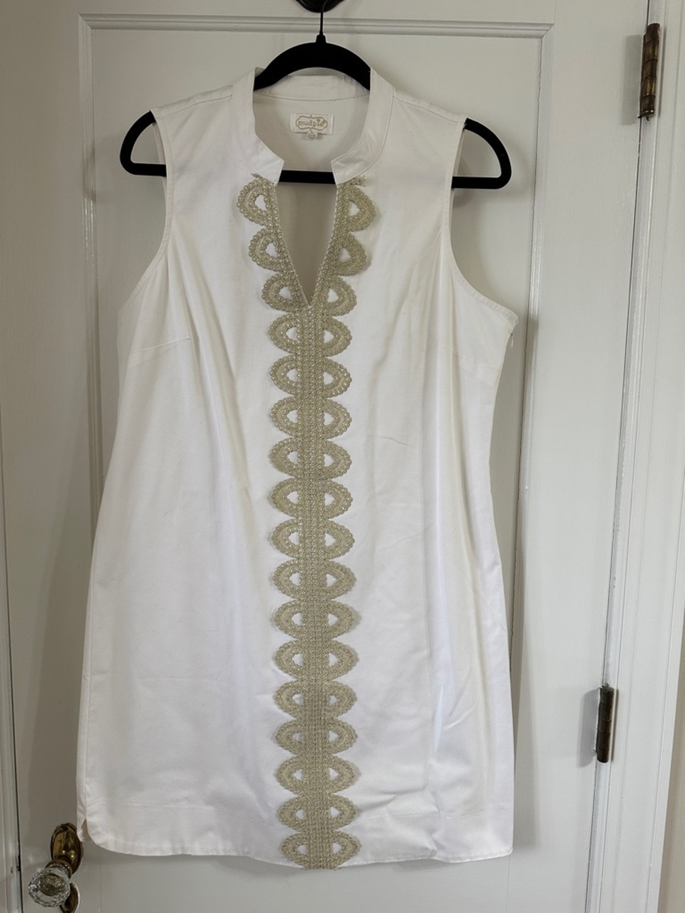 Mud Pie White Mini Dress with Gold Scallop Trim